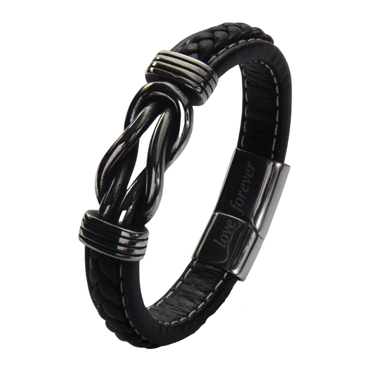 Stylish Men’s Black Leather Stainless Steel Infinity Knot Bracelet With Engraved Messages