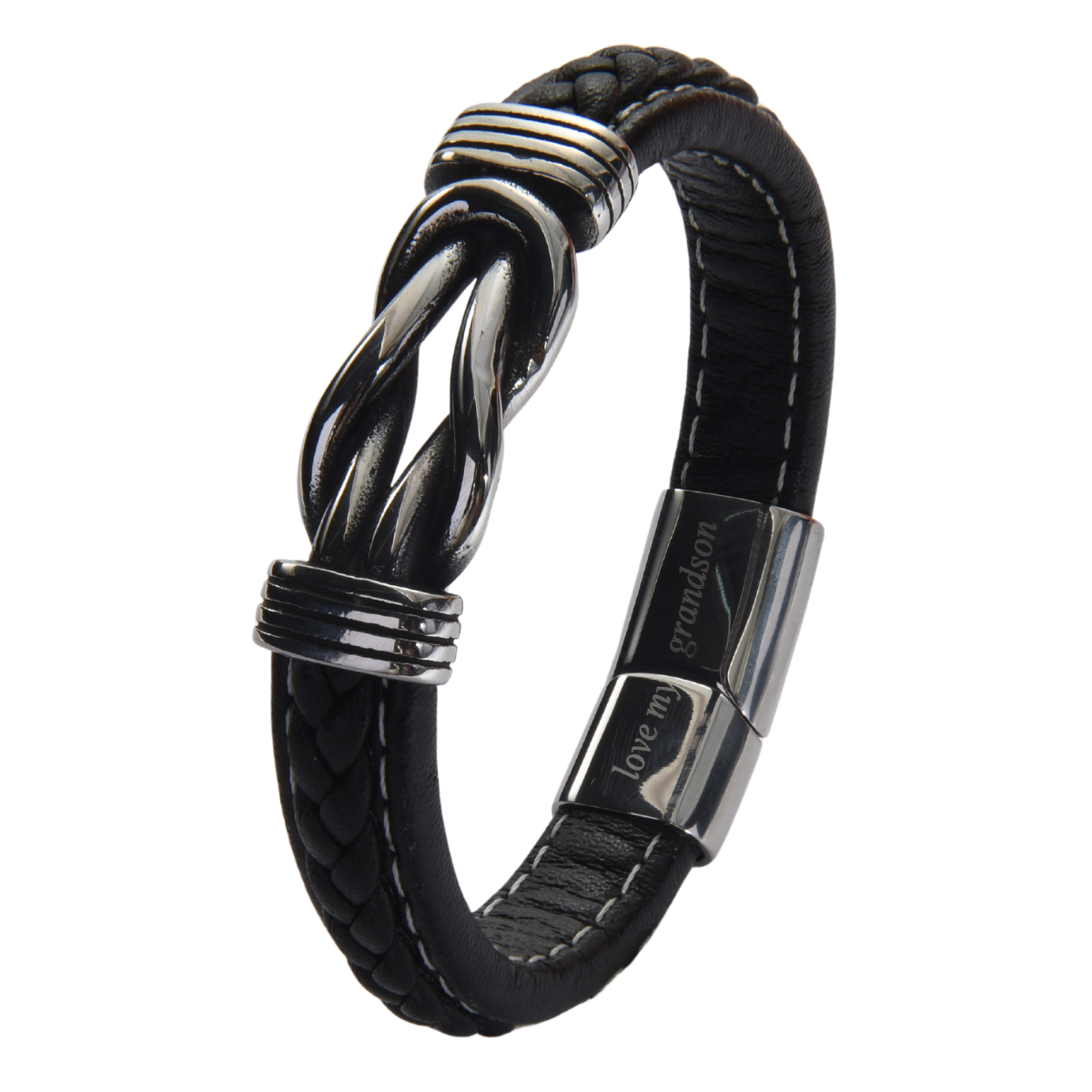 Stylish Men's Black Leather Stainless Steel Infinity Knot Bracelet