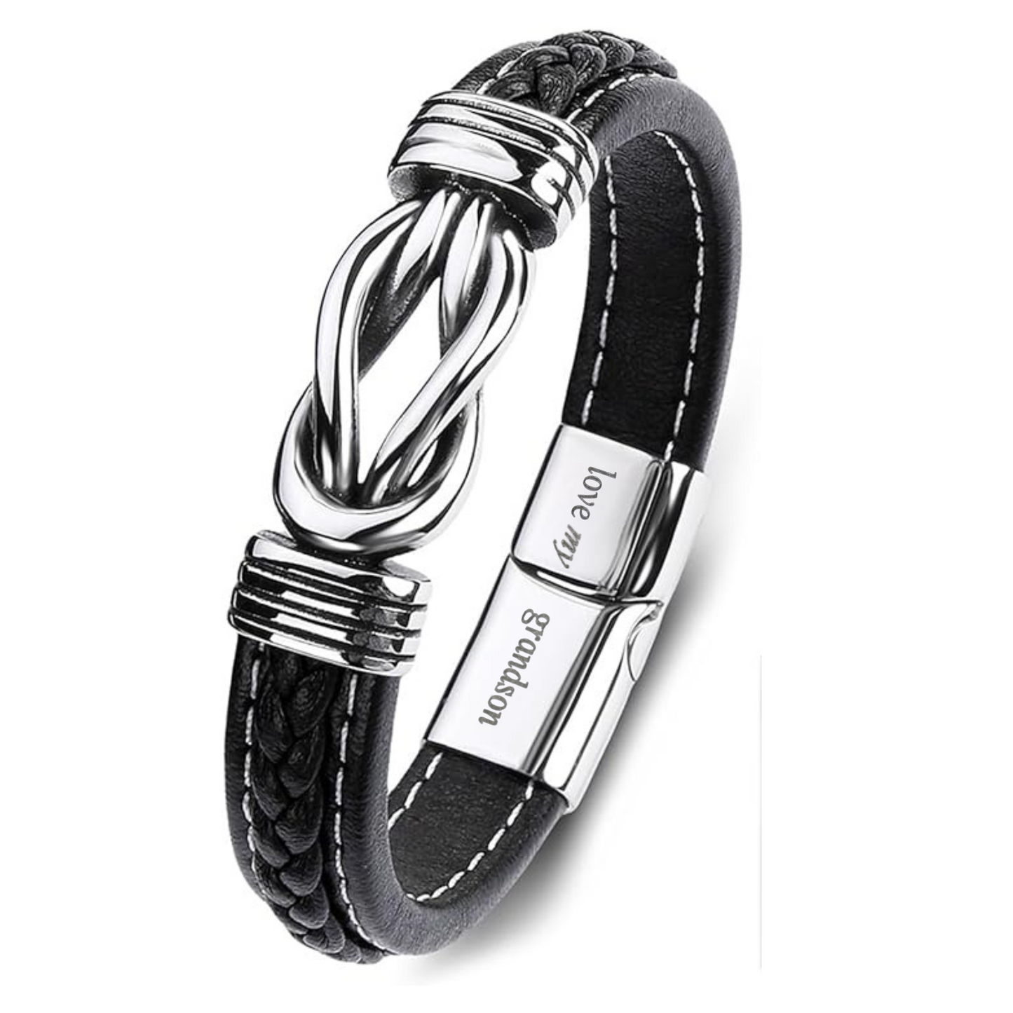 Stainless Steel Infinity Bracelet For Grandson Engraved Leather with Personalised Message