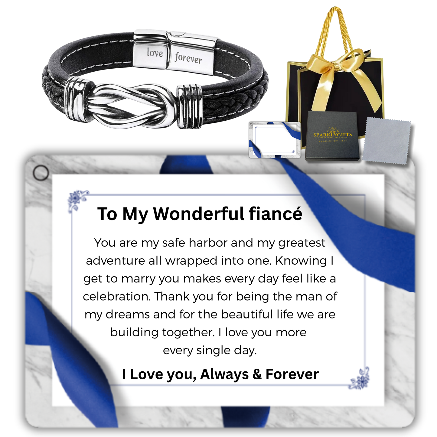 Stainless Steel Leather Bracelet Engraved To My Fiance for Valentine's Day