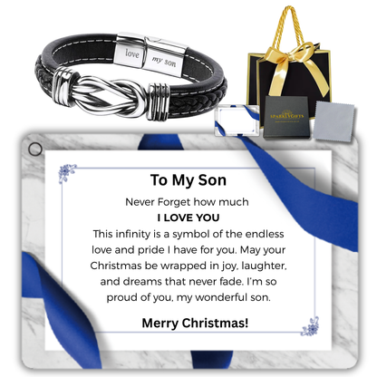 Stainless Steel Infinity Bracelet For Son Engraved Leather with Message Card