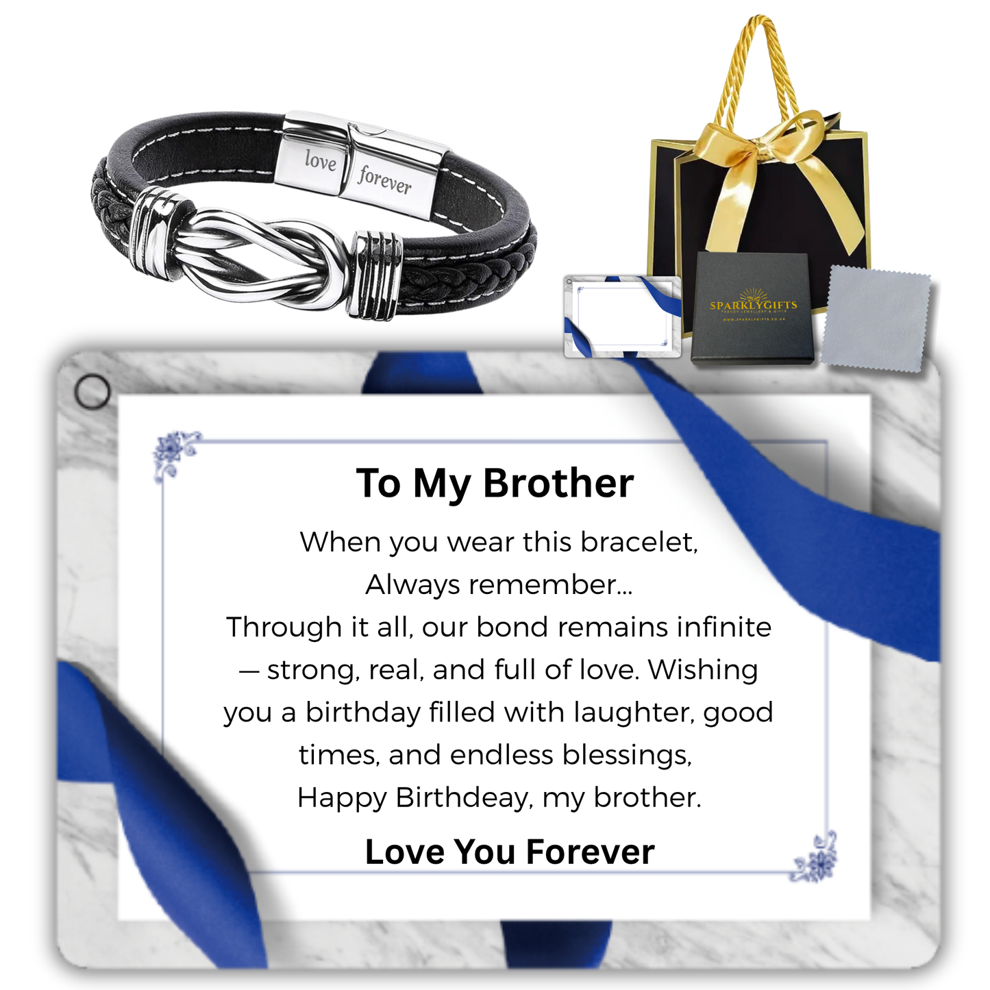 Stainless Steel Infinity Bracelet For Brother Engraved Leather with Personalised Message