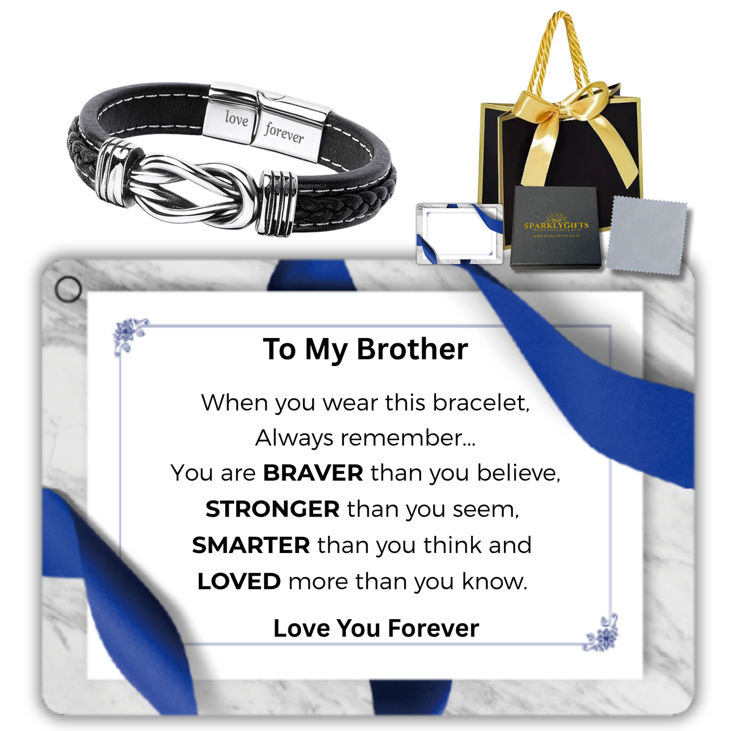 Stainless Steel Infinity Bracelet For Brother Engraved Leather with Personalised Message