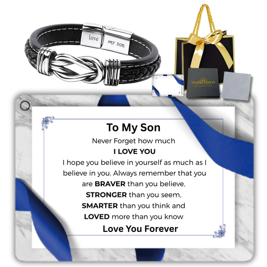 Stainless Steel Infinity Bracelet For Son Engraved Leather with Personalised Message