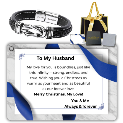 Stainless Steel Infinity Bracelet For Husband Engraved Leather with Personalised Message