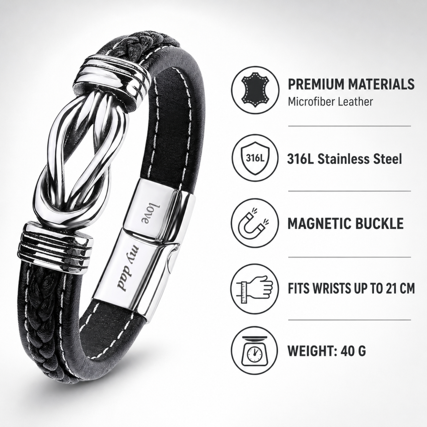 Stainless Steel Infinity Bracelet For Dad Engraved Leather with Message Card