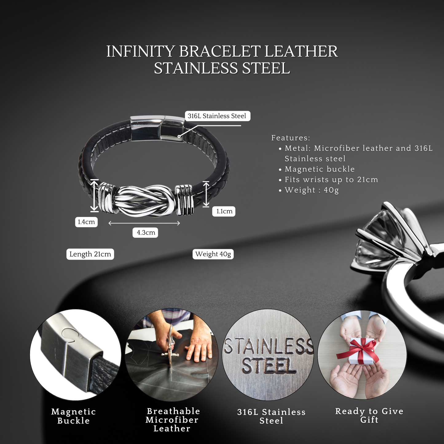 Stainless Steel Infinity Bracelet For Husband Engraved Leather with Message Card