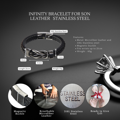 Stainless Steel Infinity Bracelet For Son Engraved Leather with Message Card