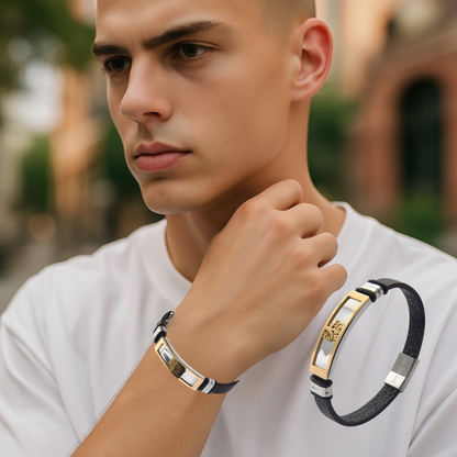 Black Genuine Leather Men’s Bracelet Stainless Steel Tree of Life With Engraved Messages