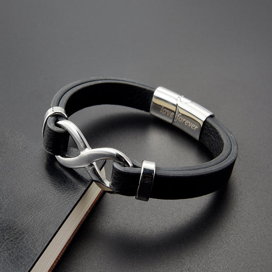 Men’s Stylish Black Leather Stainless Steel Infinity Bracelet