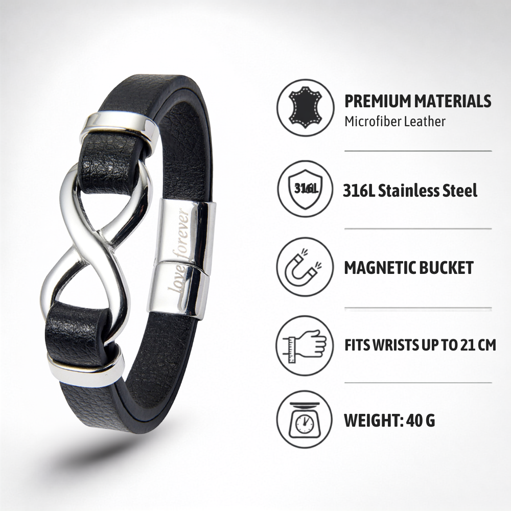Men’s Stylish Black Leather Stainless Steel Infinity Bracelet