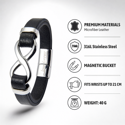 Men’s Stylish Black Leather Stainless Steel Infinity Bracelet