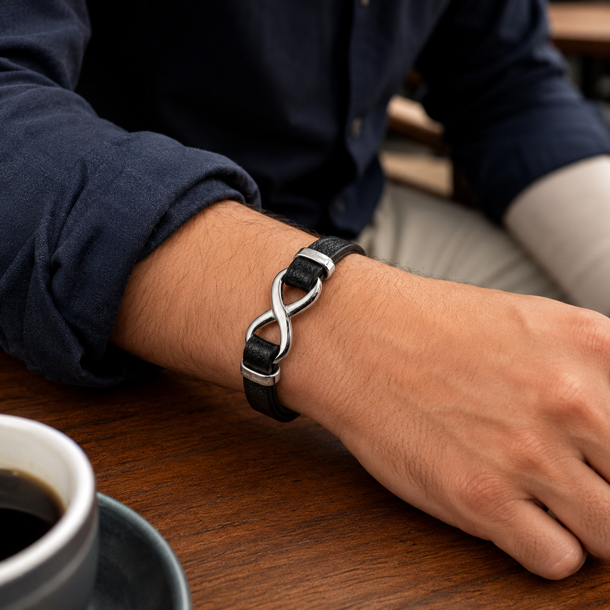 Men’s Stylish Black Leather Stainless Steel Infinity Bracelet