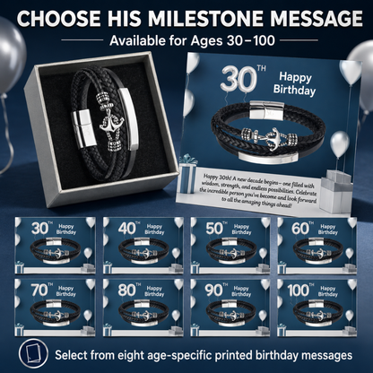 Birthday Gifts for Him 30th 40th 50th 60th 70th 80th 90th 100th Men Birthday Anchor Bracelet Personalised Message