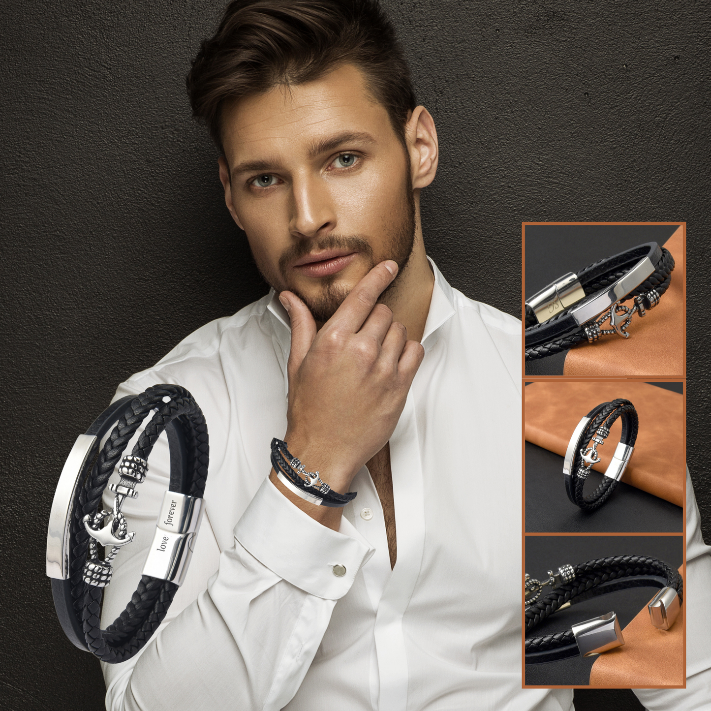 Stainless Steel Leather Anchor Bracelet Engraved for Husband Valentine's Day