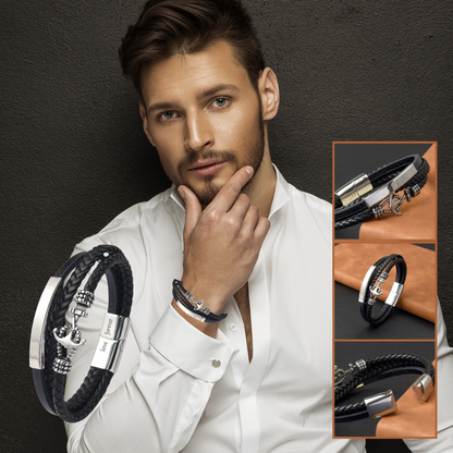 Stainless Steel Leather Anchor Bracelet Engraved for Husband Valentine's Day