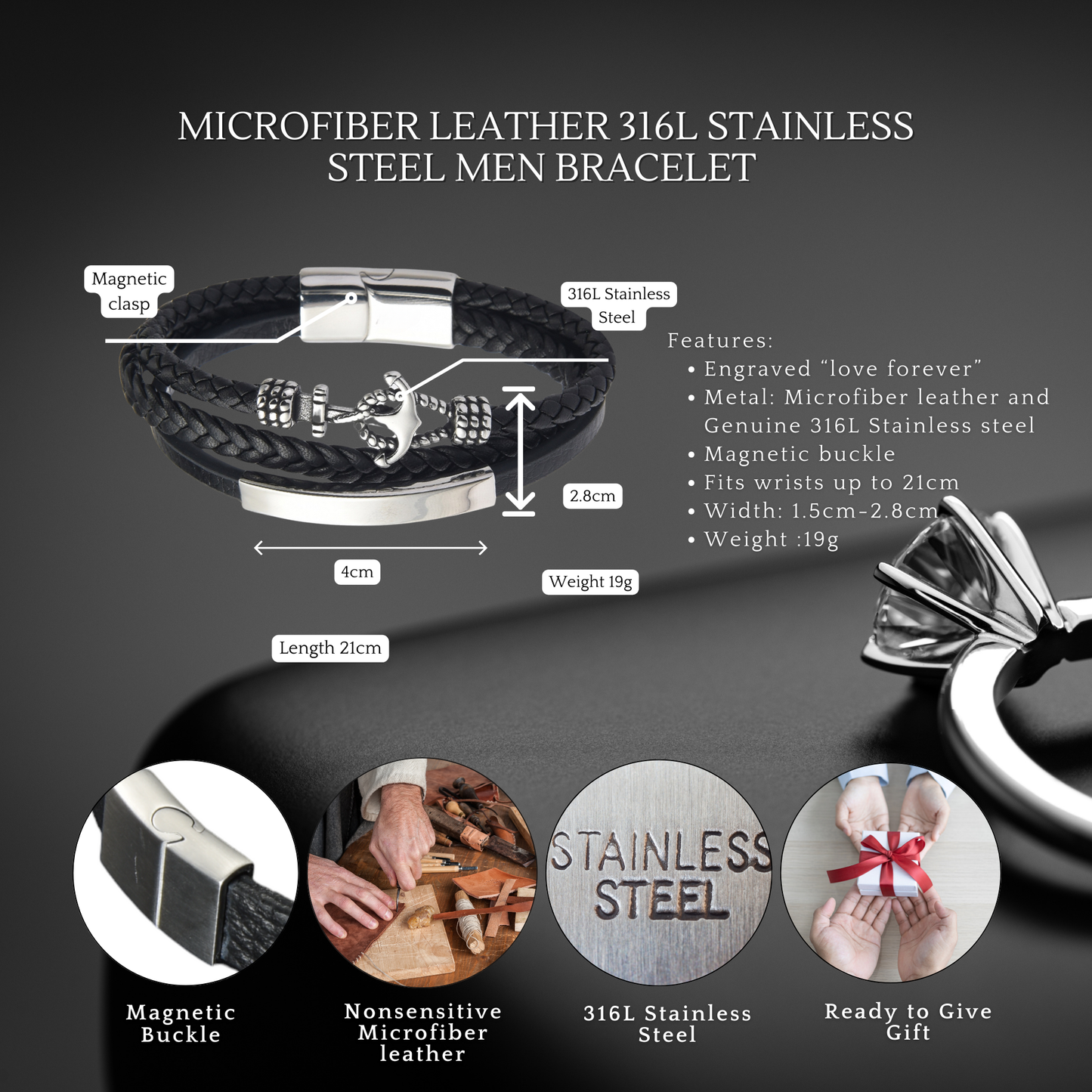 Stainless Steel Leather Anchor Bracelet Engraved for Husband Valentine's Day