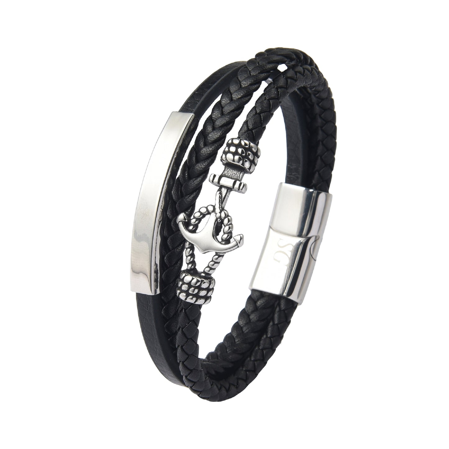 Stainless Steel Leather Anchor Bracelet Engraved for Husband Valentine's Day