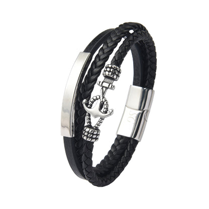 Stainless Steel Leather Anchor Bracelet Engraved for Husband Valentine's Day