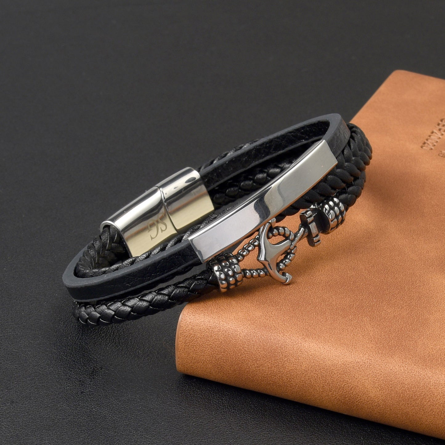 Stainless Steel Leather Anchor Bracelet Engraved for Husband Valentine's Day