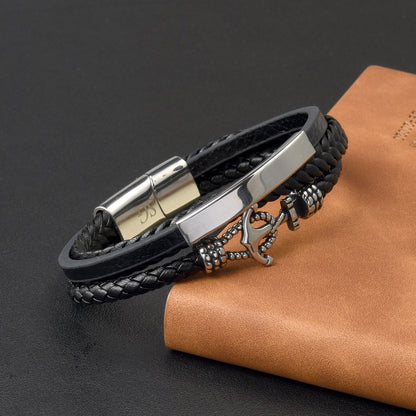 Stainless Steel Leather Anchor Bracelet Engraved for Husband Valentine's Day