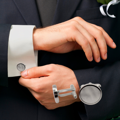 Men's Silver Round Stainless Steel Pearl Cufflinks
