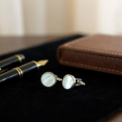 Men's Silver Round Stainless Steel Pearl Cufflinks