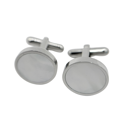 Men's Silver Round Stainless Steel Pearl Cufflinks