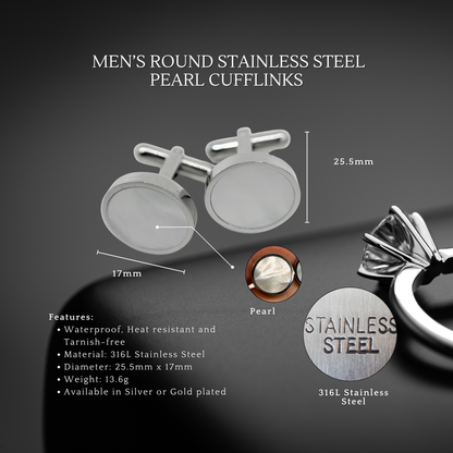 Men's Silver Round Stainless Steel Pearl Cufflinks