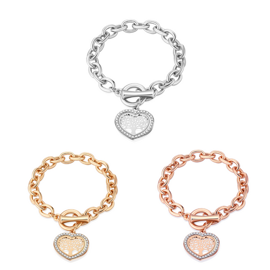 Tree of life Heart Charm Zircon Crystals Bracelet -Silver or Gold