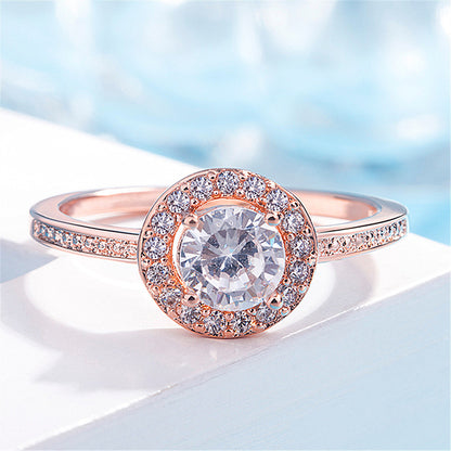 Rose Gold Round Crystals Halo Ring and Stud Earrings Set