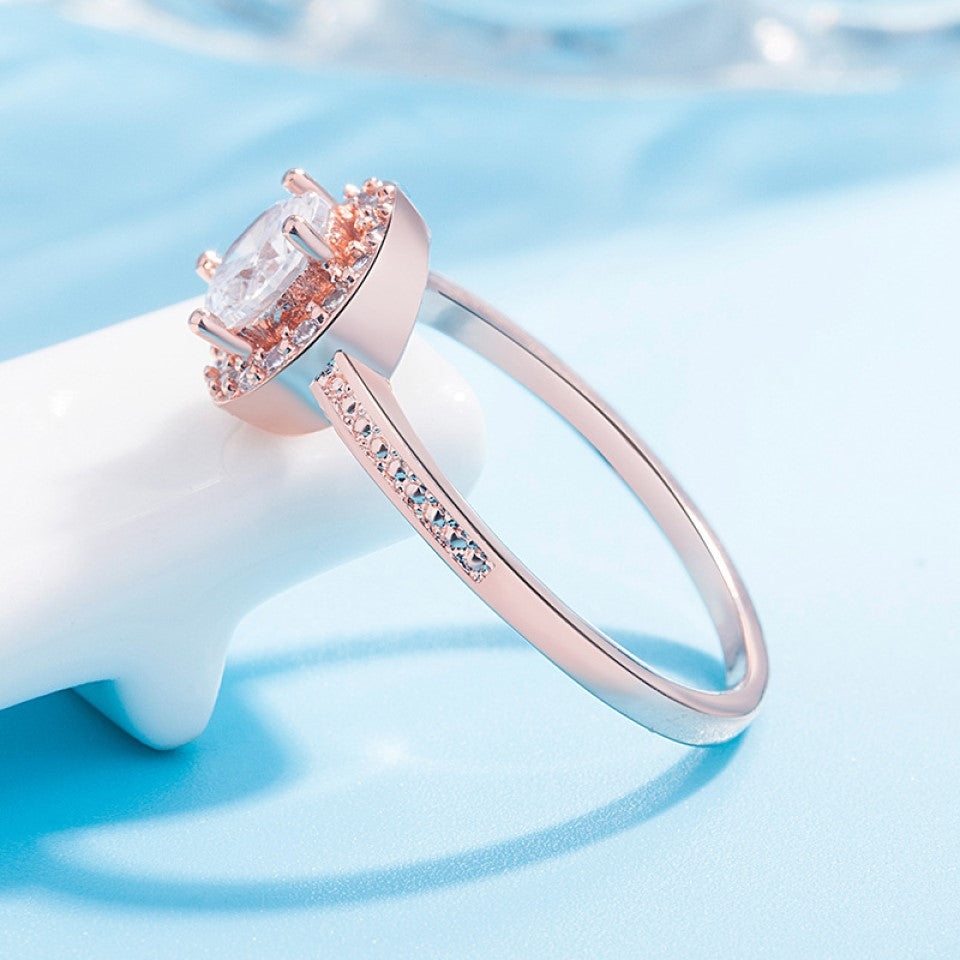 Rose Gold Round Crystals Halo Ring and Stud Earrings Set