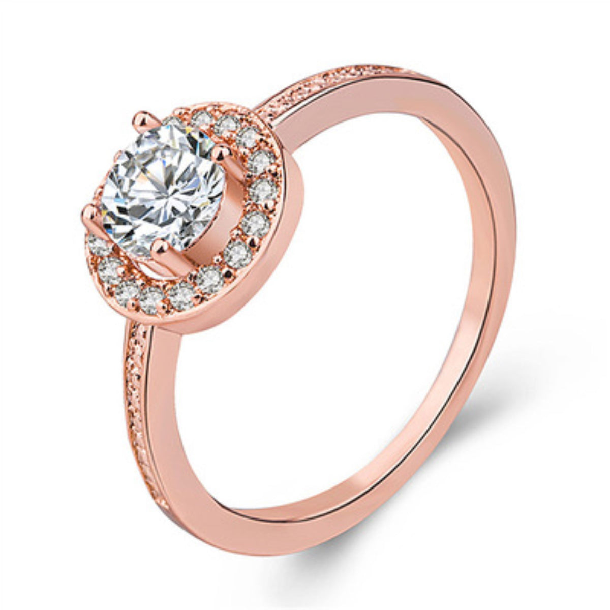 Rose Gold Round Crystals Halo Ring and Stud Earrings Set