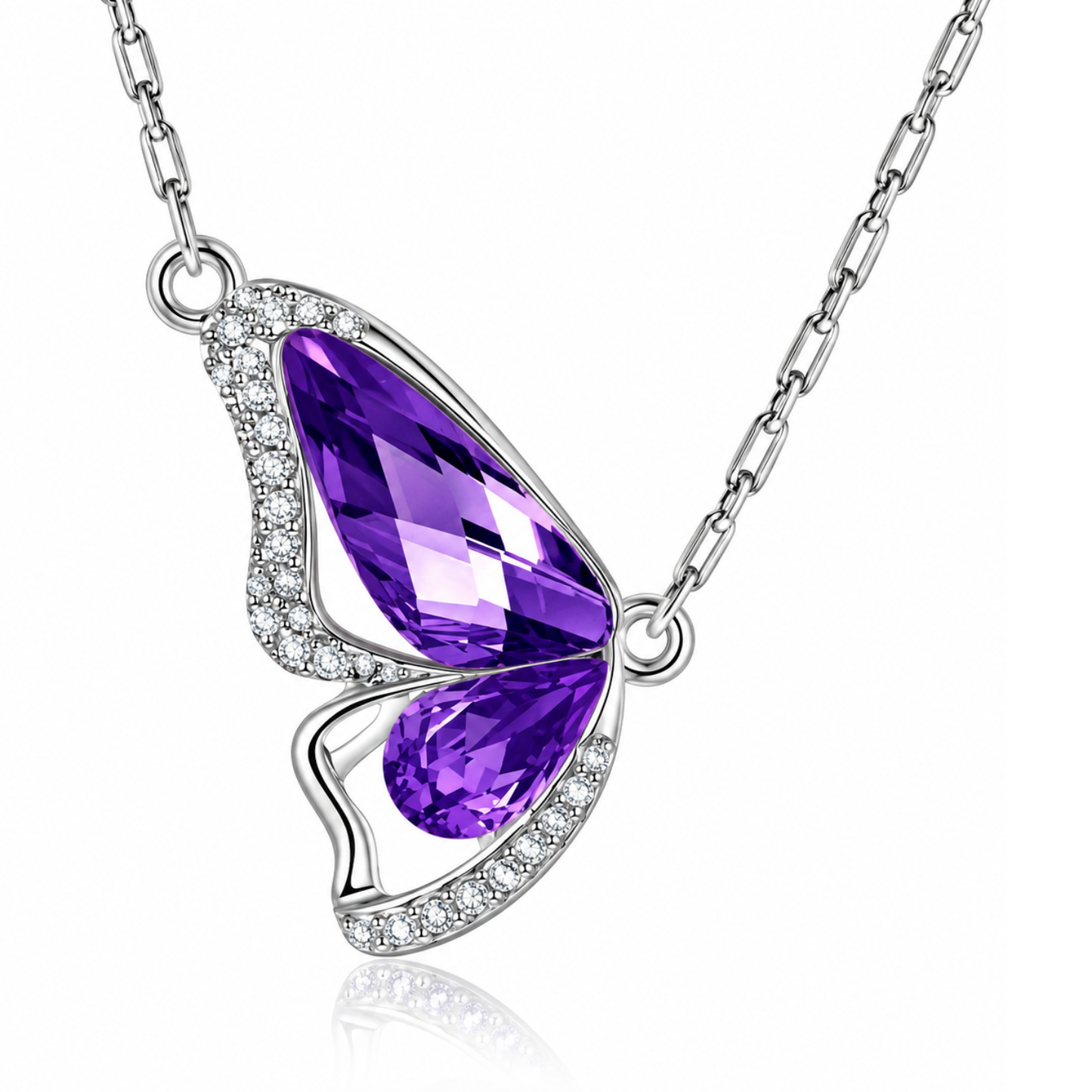 Silver Tone Purple Crystal Butterfly Pendant Necklace – Lavender Amethyst Style
