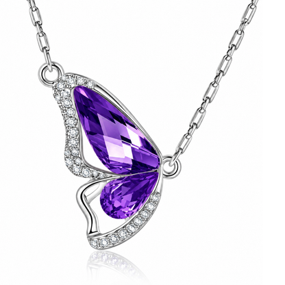 Silver Tone Purple Crystal Butterfly Pendant Necklace – Lavender Amethyst Style