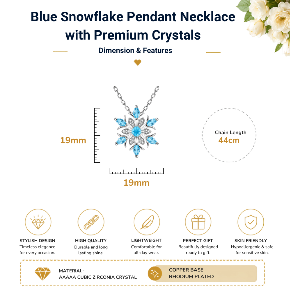 Light Blue Crystal Snowflake Silver Tone Pendant Necklace