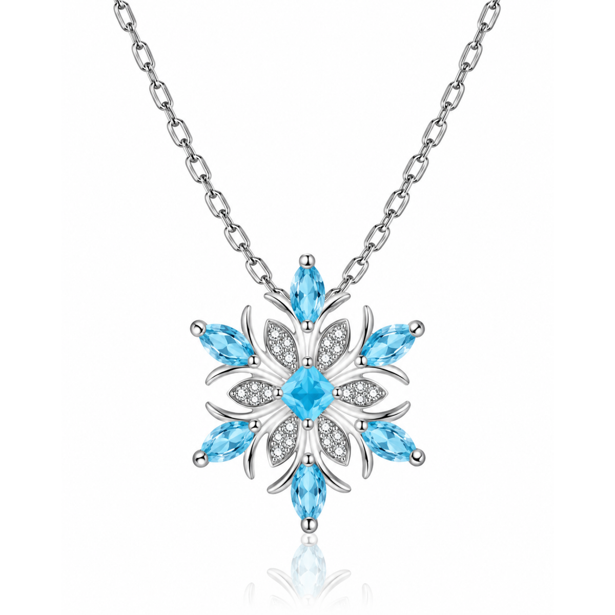 Light Blue Crystal Snowflake Silver Tone Pendant Necklace