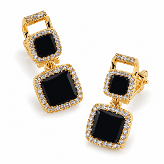 Gold Tone Square Black Drop Earrings Ear Clip Cuff Non Pierced