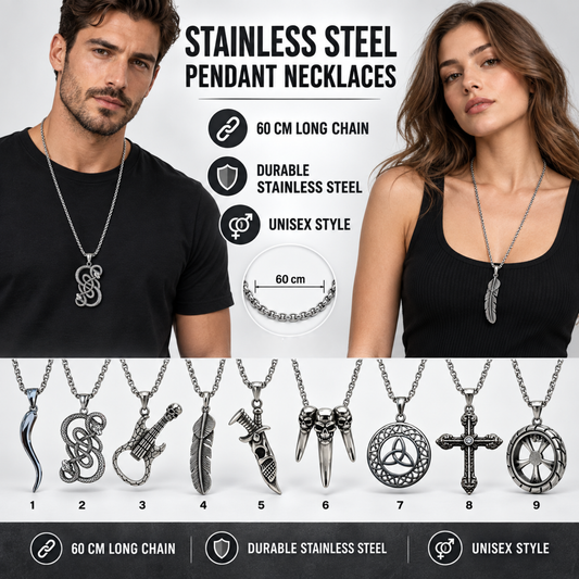 Men's Horn Snake Skull Leaf Cross Wheel Stainless Steel Pendant Necklaces
