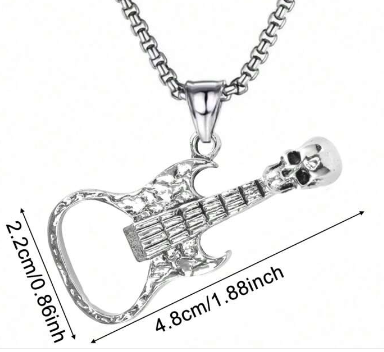 Father’s Day Gifts Men’s Rock Guitar Skull Bottle Opener Stainless Steel Pendant Necklace