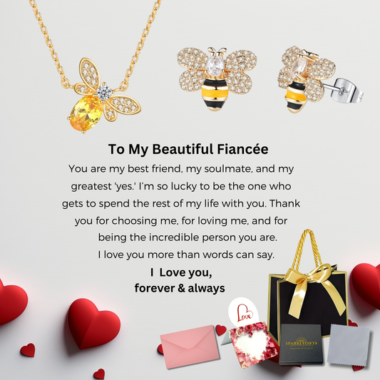 The "Bee Mine" Necklace and Earrings Jewellery Set in Gold With Message Card For Fiancee Valentine's Day Gift