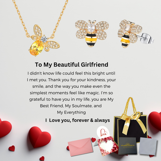 The "Bee Mine" Necklace and Earrings Jewellery Set in Gold With Message Card For Girlfriend Valentine's Day Gift