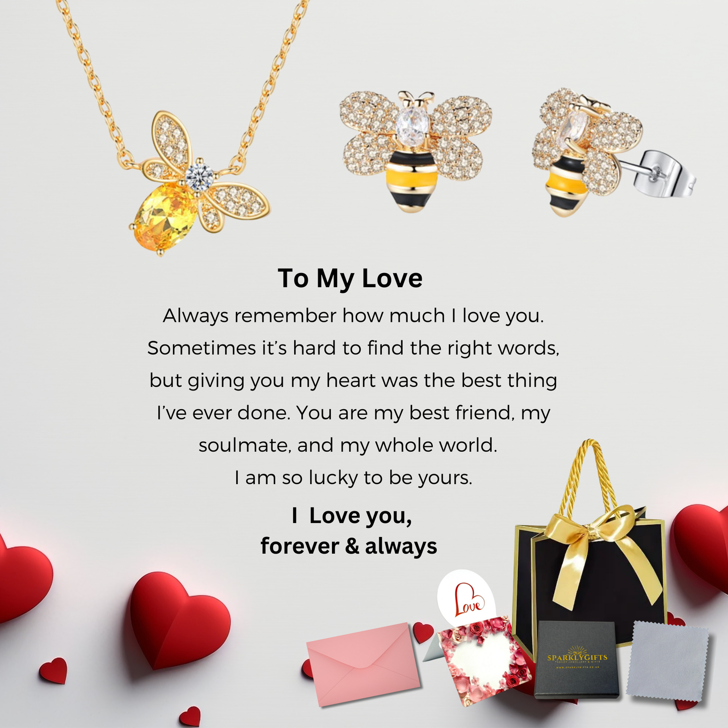 The "Bee Mine" Necklace and Earrings Jewellery Set in Gold With Message Card For My Love Valentine's Day Gift