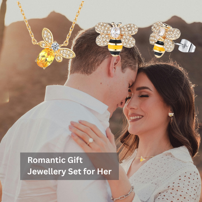 The "Bee Mine" Necklace and Earrings Jewellery Set in Gold With Message Card For Wife Valentine's Day Gift
