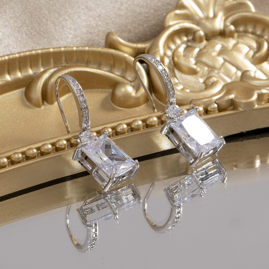 Women Rectangle Crystal Drop Hook Earrings in Silver Tone