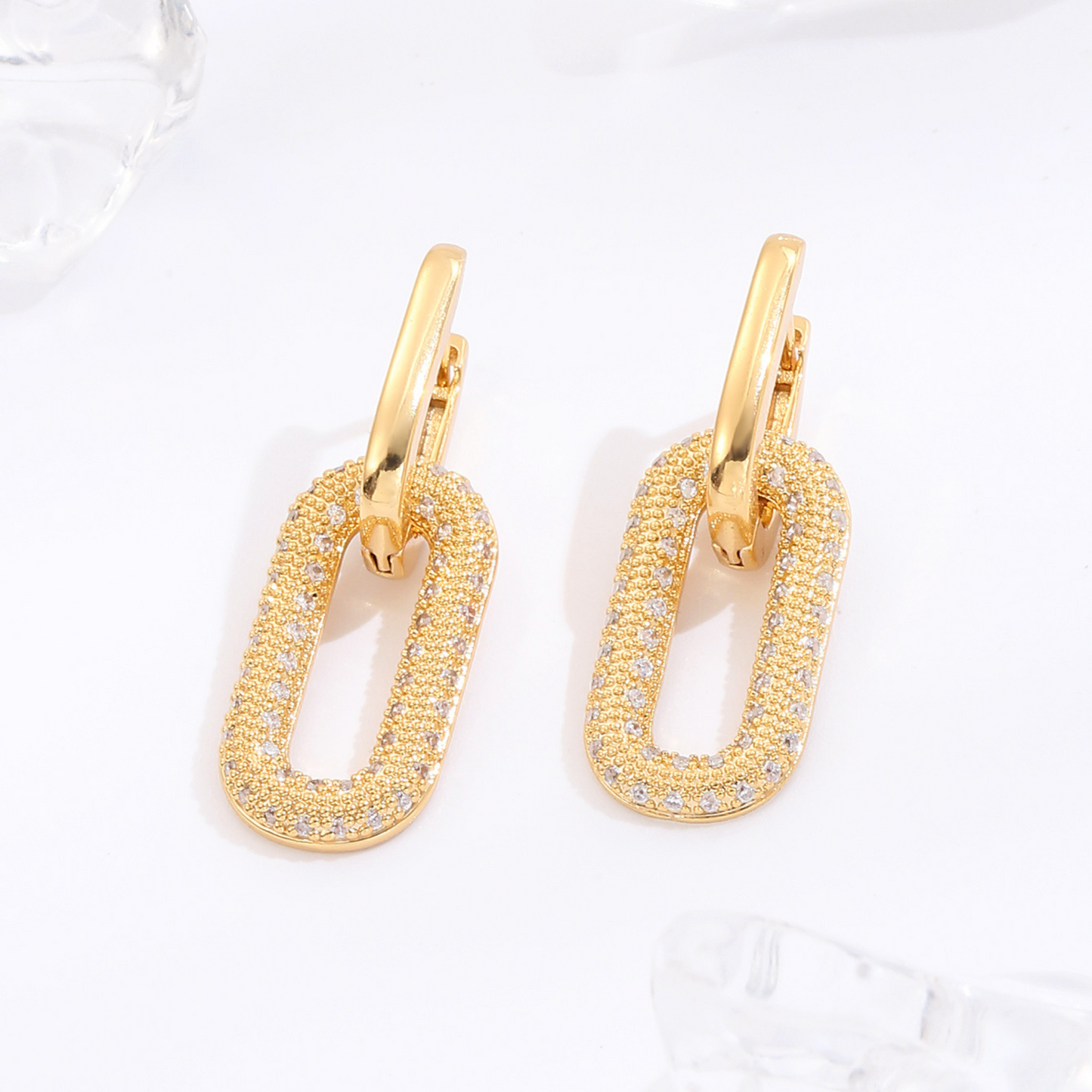 Sparkly Crystal Interlocking Chain Hoop Drop Earrings in Gold Tone