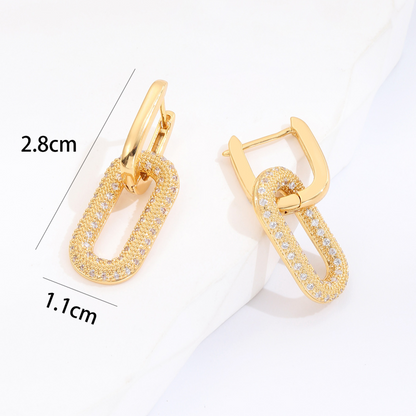 Sparkly Crystal Interlocking Chain Hoop Drop Earrings in Gold Tone