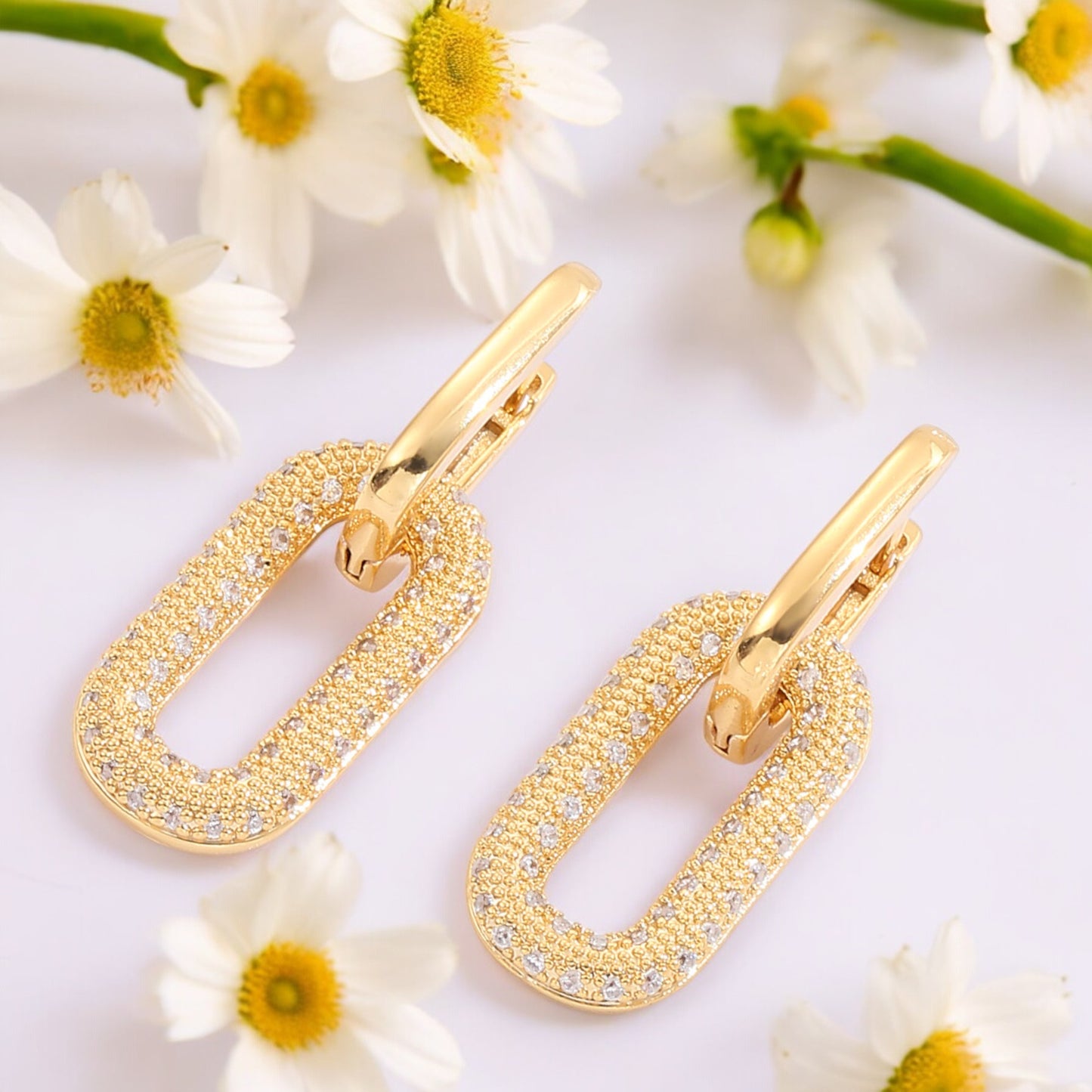 Sparkly Crystal Interlocking Chain Hoop Drop Earrings in Gold Tone