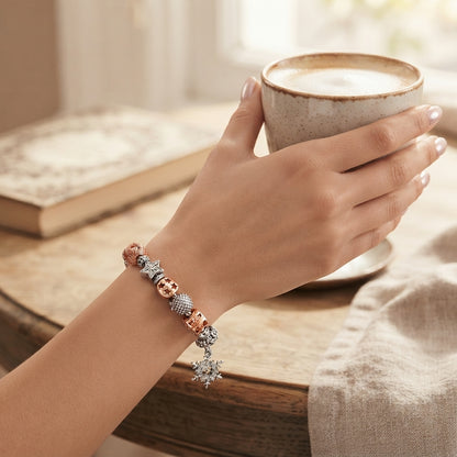 Winter Wonderland Rose & Silver-Plated Charm Bracelet with 12 Beads and Snowflake Charm Pendant