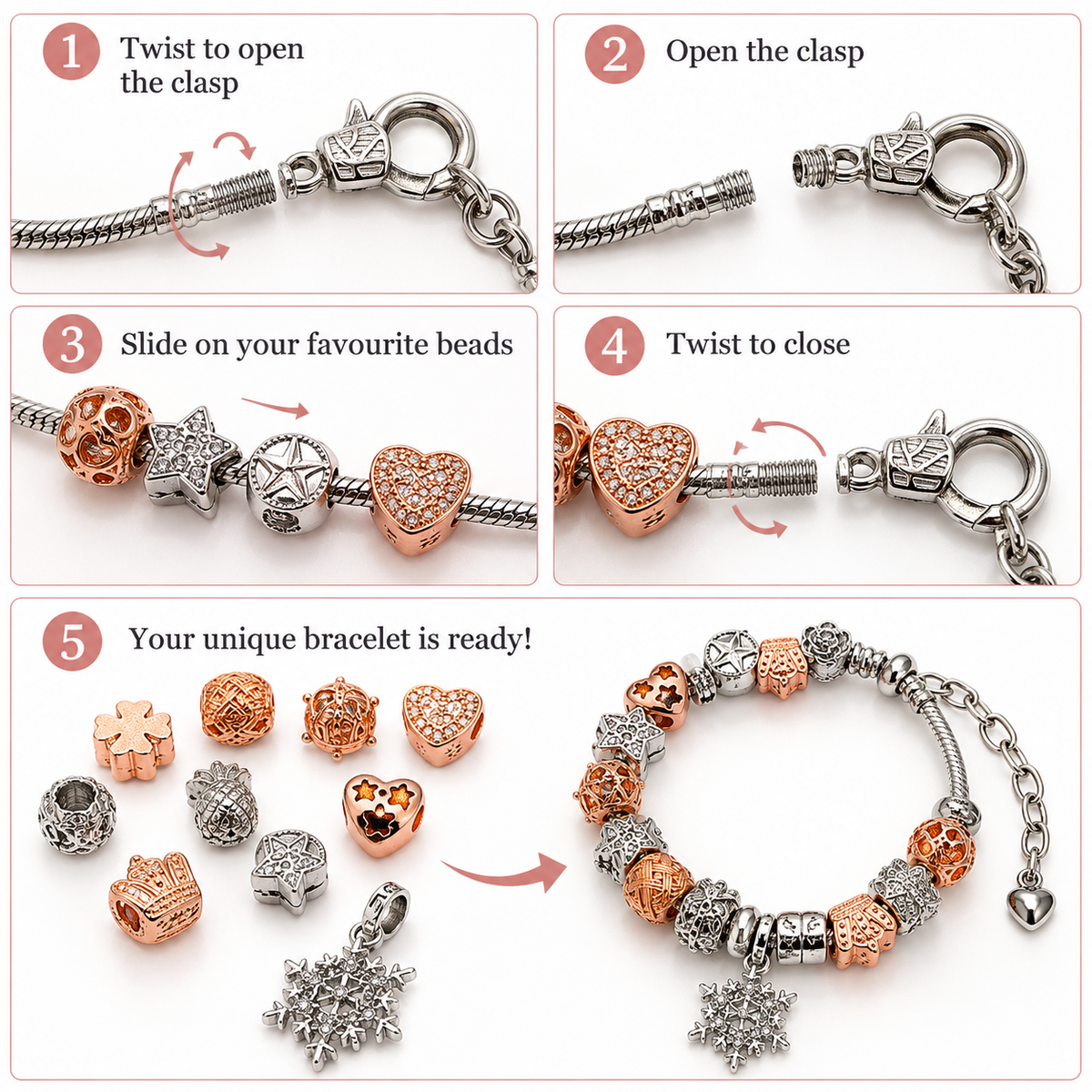 Winter Wonderland Rose & Silver-Plated Charm Bracelet with 12 Beads and Snowflake Charm Pendant